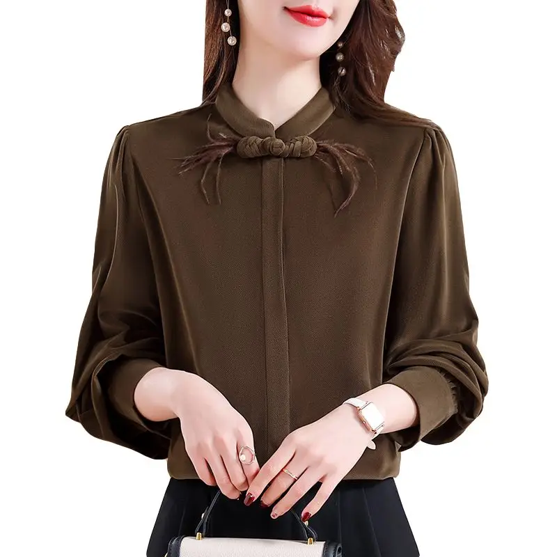 

New Chinese Simple Stand-up Collar Shirt for Women's Spring New Style Lantern Sleeve Loose Slim Top