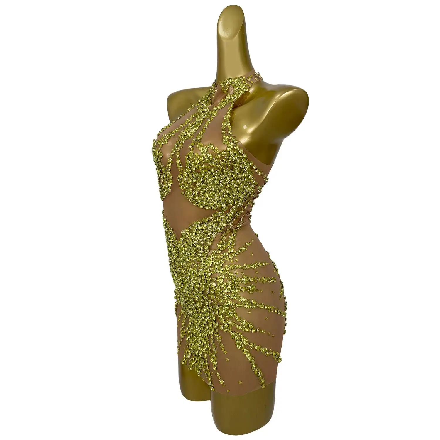 女性用ナイトクラブ ホットガールズ ステージパフォーマンス ミニドレス イベントパーティー スキニーメッシュドレス キラキラ光るラインストーン ラグジュアリー プロム シックドレス