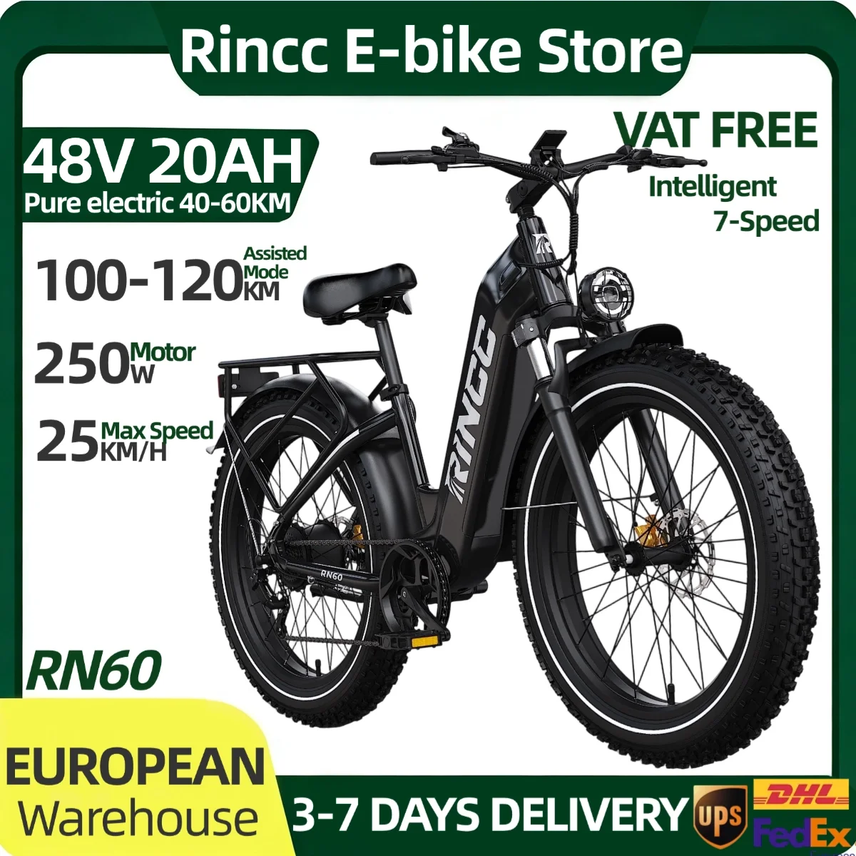 Rincc RN60 48V 20AH Vélo Électrique Adulte 26*4 pouces Pneus Larges 7 Vitesses Autonomie électrique pure 40-60KM Vélo de Montagne Moteur 250W Cadre en Alliage d'Aluminium Léger Vélo Électrique au Lithium Frein à Disque Avant et Arrière Tout Terrain Neige Sable Plage Route Tout-Terrain e-bike