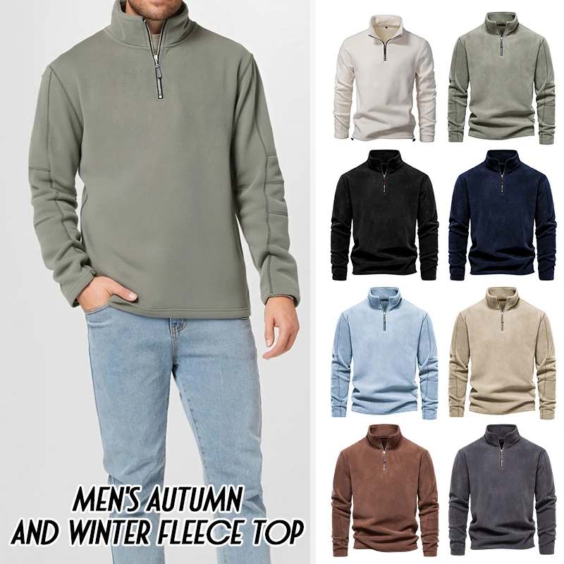 

Men Autumn Winter Sweaters Standing Collar Semi-zipper Long Sleeve Sweatshirt Polar Fleece Jacket Pullover Tops