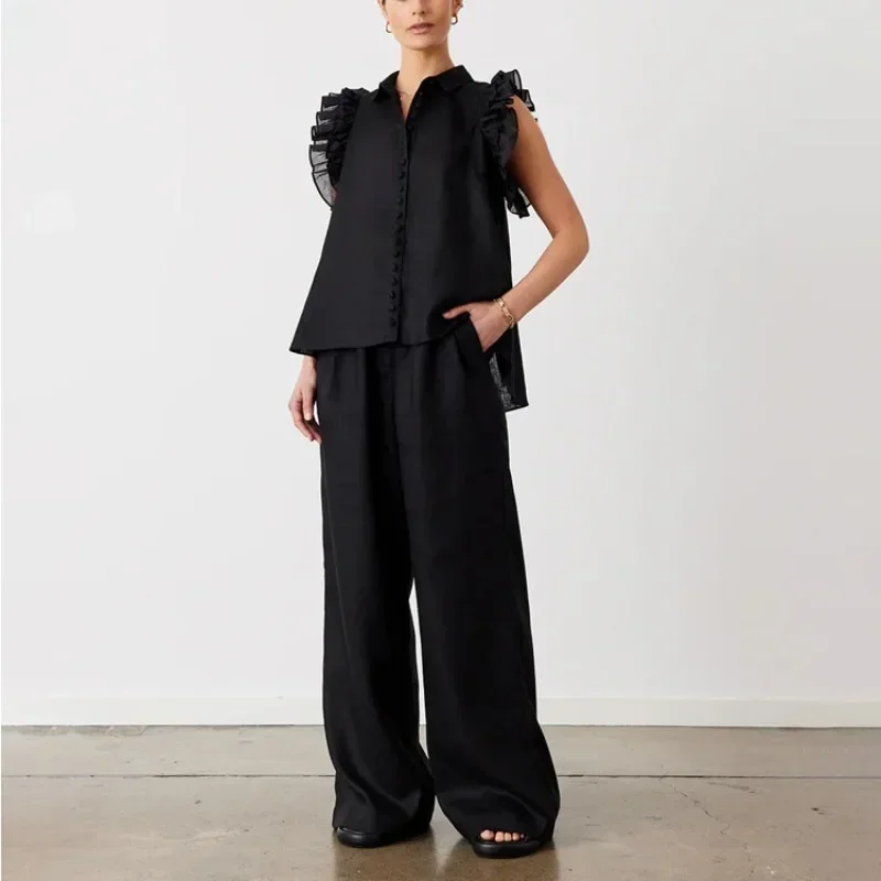 

Y2K Cotton Loose Puff Sleeve Button Shirt Top Wide Leg Pants Suit for Women Streetwear Outfits Autumn Women Two Piece Pants Set