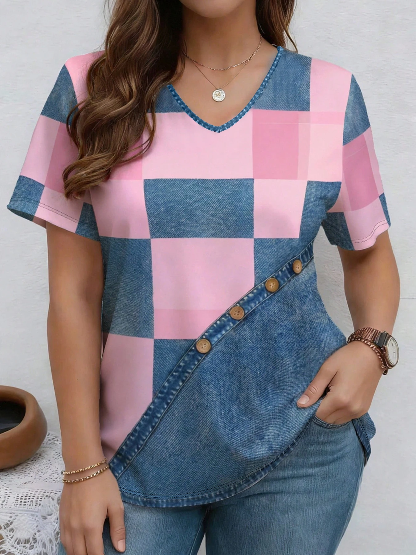 Summer casual fashion imitation denim print V-neck short sleeved commuting versatile T-shirt