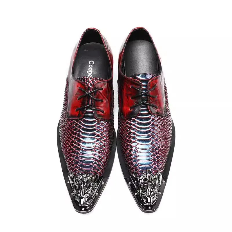 

Mixed Color Snakeskin Pattern Splicing Men's Leisure Shoes Metal Pointed Toe Chunky Heel Shallow Lace-Up Loafers Male Oxfords