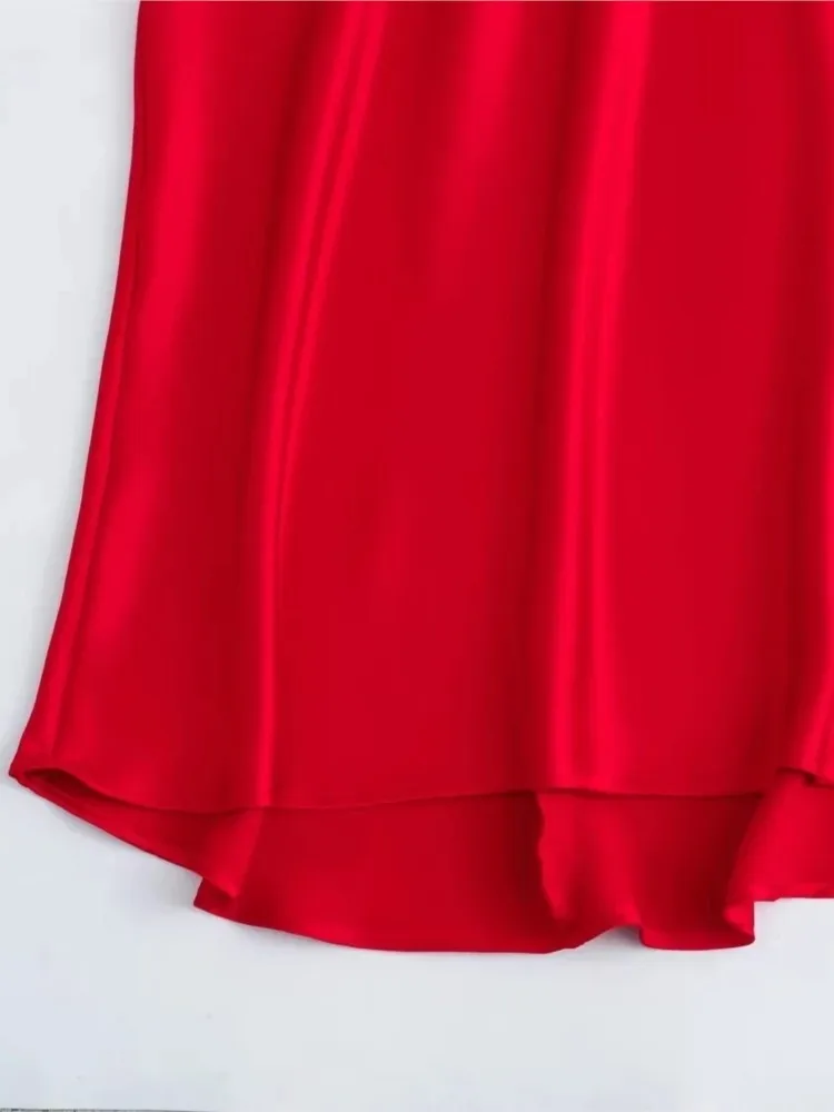 Elegancka satynowa długa sukienka damska 2025 nowa letnia seksowna sukienka midi z odkrytymi ramionami i dekoltem w kształcie litery O, damska szykowna czerwona sukienka wieczorowa na imprezę