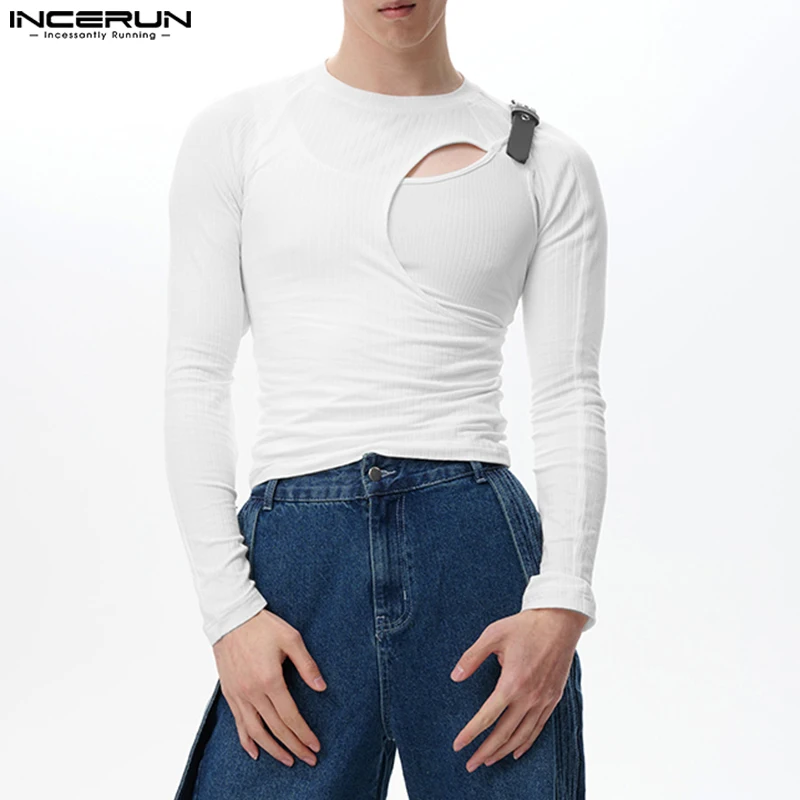 2023 Men T Shirts O-neck Long Sleeve Hollow Out Patchwork Irregular Tee Tops Fitness Streetwear Fashion Men Clothing INCERUN