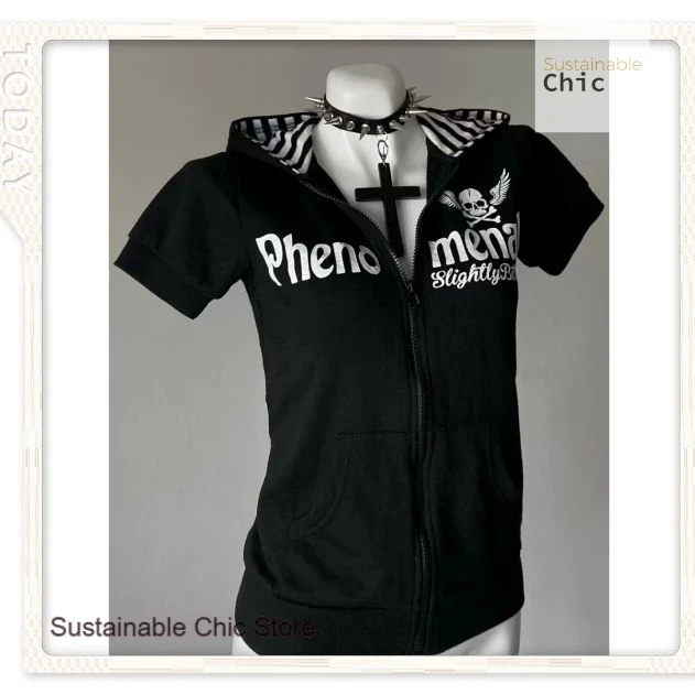 Summer new curtilage subculture skull print zipper cardigan short sleeve female Japanese slim spice striped hoodie top