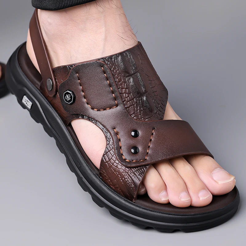 

Мужские сандалии из натуральной кожи с открытым носком, регулируемым ремешком, повседневные уличные пляжные туфли для лета