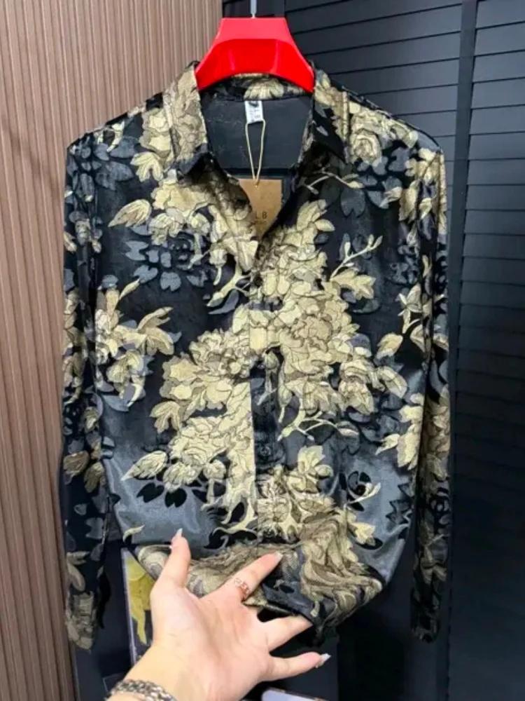 

Velvet Floral Embroidery Men's Long Sleeve Shirt Fashionable Versatile Autumn Winter Casual Style Standard Fit Button up