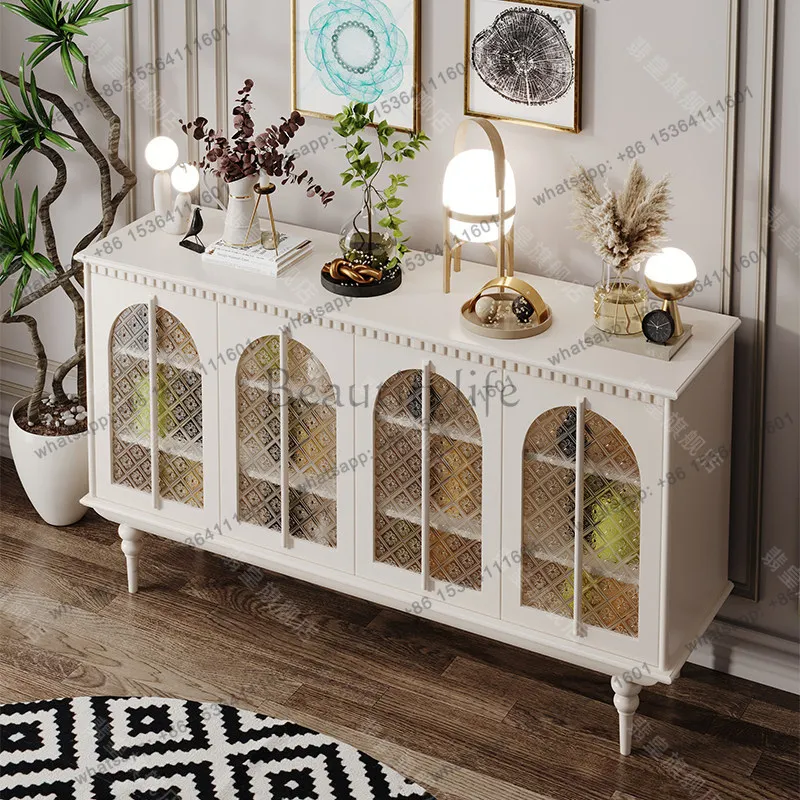 French cream style dining side cabinet solid wood with sensor light glass door meal preparation locker