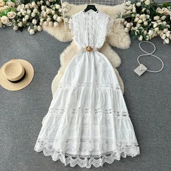 French Vintage Elegant  sleeveless cut out Embroidery lace Dress Vacation  Women Fashion Summer Spring Vestidos  dresses