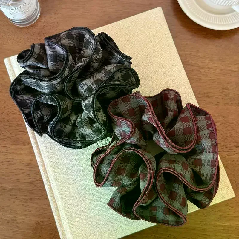 Duże gumki do włosów w stylu vintage w kratę, eleganckie elastyczne gumki do kucyka, damskie akcesoria do włosów.