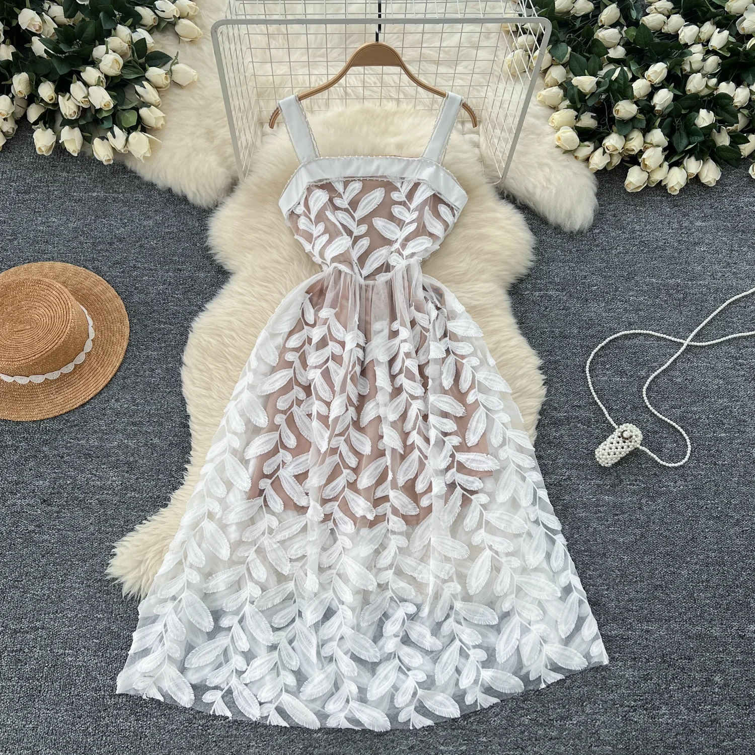 

Clothland Women Sexy White Strap Dress Embroidery Hollow Out Zipper Mesh Female Chic Beach Midi Dresses Vestido QD853