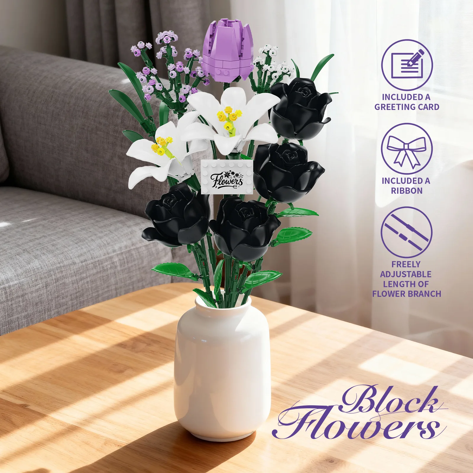 

2026 New Dark Romance Gothic Rose Bouquet Building Blocks Flower Model Educational DIY For Girls Mother Valentine's Day gift