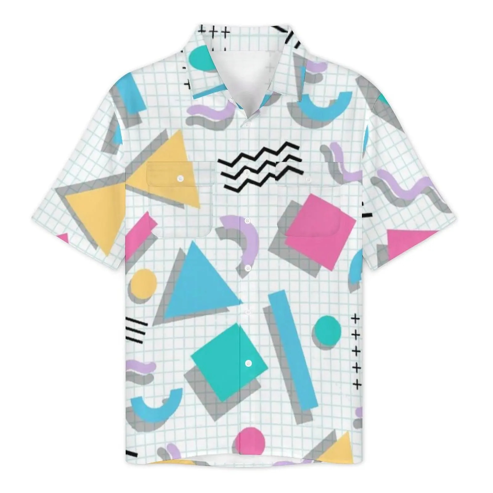 Memphis Shapes Hawaiian Shirt For Man Beach Geometric Casual Shirts Short Sleeve Y2K Funny Design Cool Plus Size 6XL Blouses