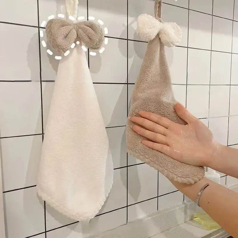 Hand Wiping Cute Bow Hanging Coral Fleece Hand Towel Bathroom Absorbent Small Towel CHILDREN\'S Home Quick Drying