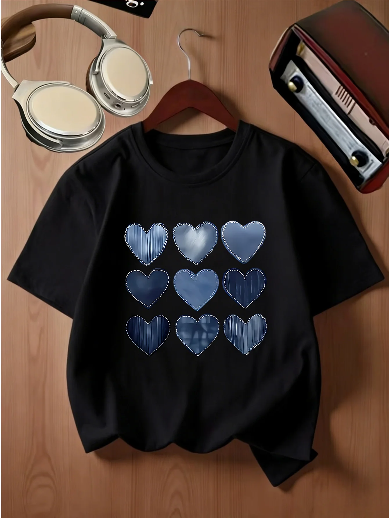 Denim Texture Blue Hearts Pattern Graphic Kids T Shirt Boys Girls Family Matching Parent Child Summer Crew Neck Casual Tee