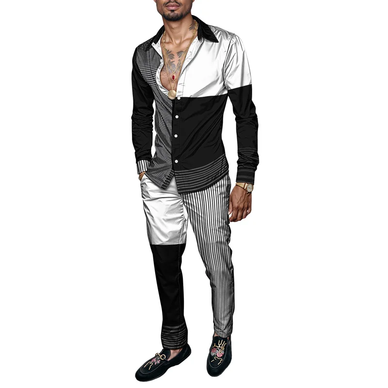 طقم قميص رجالي لربيع وصيف 2025 طباعة ذئب أنيقة تتميز بتصميم السماء المرصعة بالنجوم مكون من قطعتين طقم كون رجالي خفيف الوزن