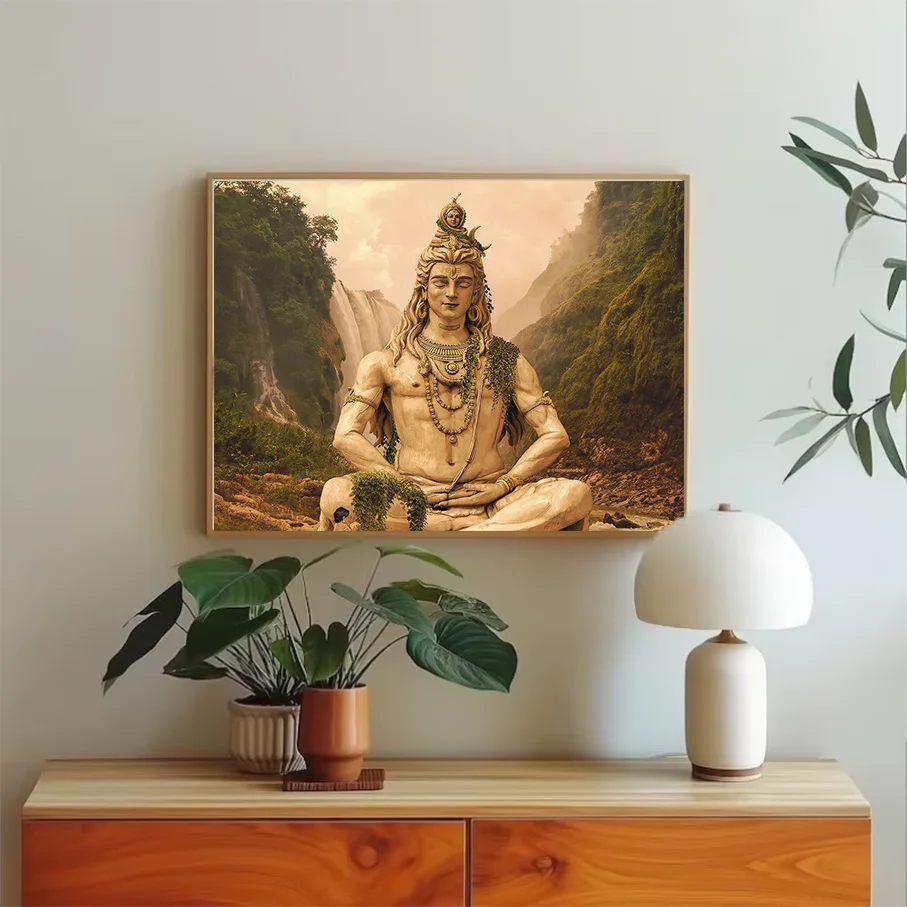 Lord Shiva Meditation Wall Art Canvas Print Hindu God Nature Waterfall Mountain Living Room Decor Picture