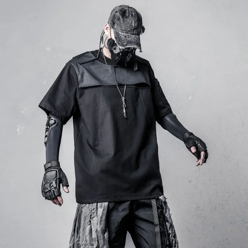 Dark Techwear Short-Sleeved T-shirt Men's Summer Half Sleeve T-shirt Designer Design Stitching Fake Two-Piece Top