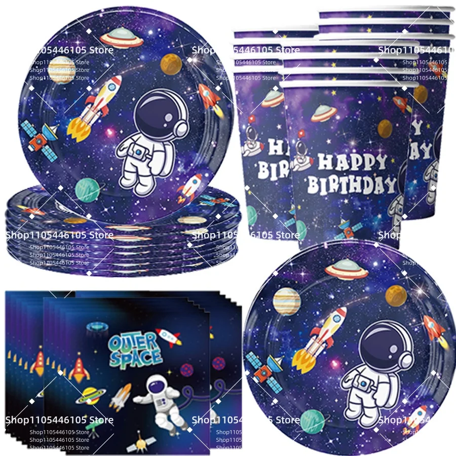 Weltraum-Astronaut Universum Einweggeschirr Geburtstagsdekoration Becher Teller Banner Tischdecken Outdoor-Feiertagsdeko