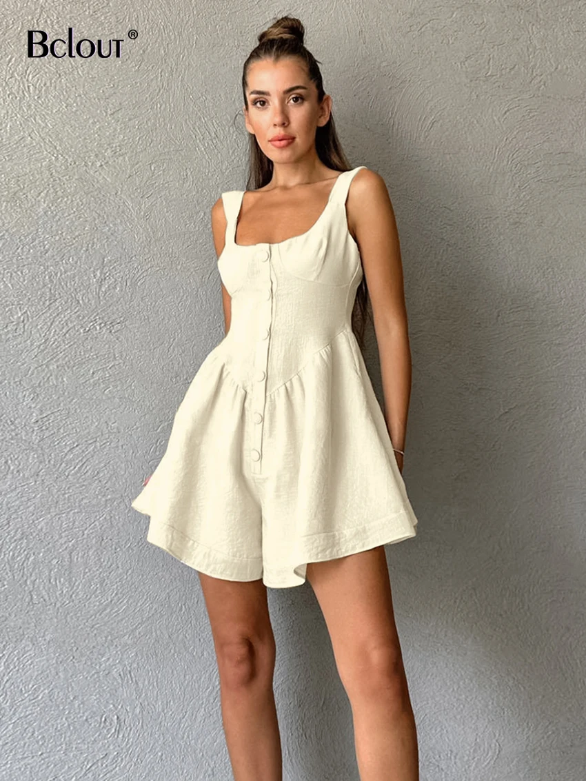 

Bclout Fashion Khaki Cotton Jumpsuits Women Summer O-Neck Single Breasted Shorts Overalls Casual Linen Backless One Pieces 2024