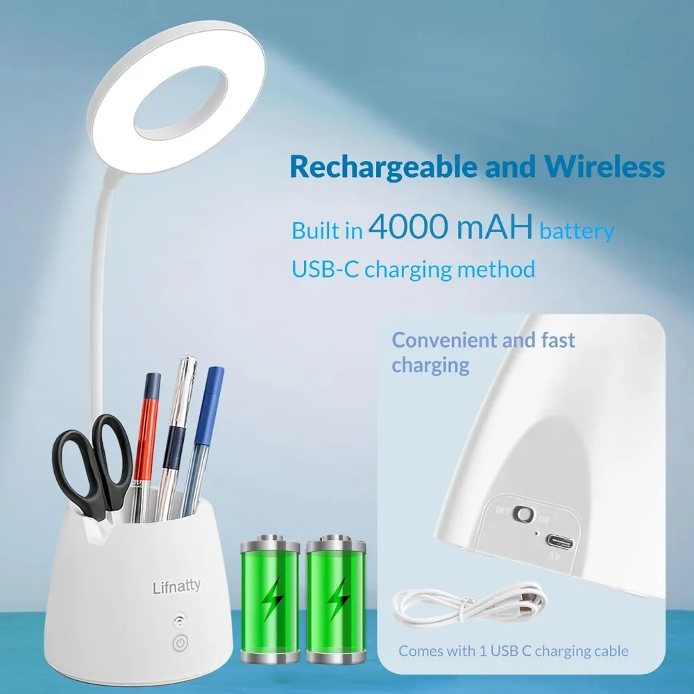 Desk Lamp, Led Desk Light, Dimmable Small Table Lamp for Home Office, Wireless, Remote Control, 3 Modes, Gooseneck, Rechargeable