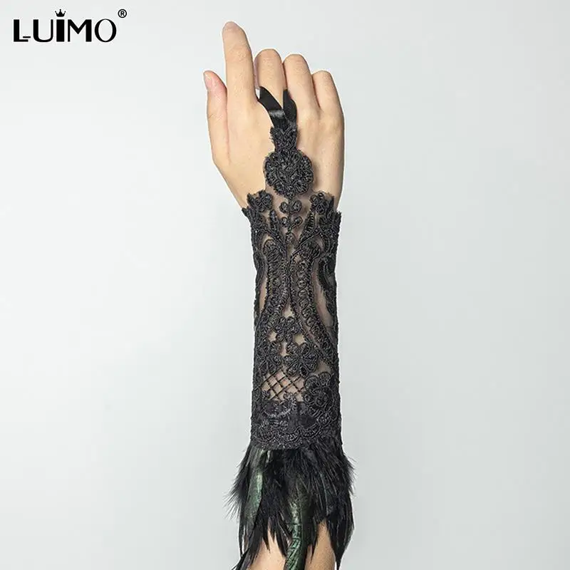 Natural Feather Black White Lace Long Gloves Women Party Sexy Fingerless Gloves Exaggerated Lace Fishnet Gloves Y2k Accessories