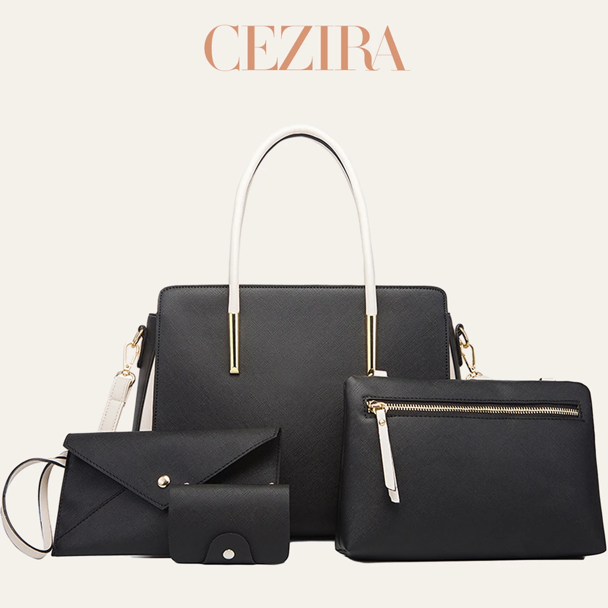 CEZIRA Women Classic Design Color Patchwork PU Vegan Leather 4PCS Bag Set Shoulder Tote Crossbody Flap Bag With Cardholder Trave