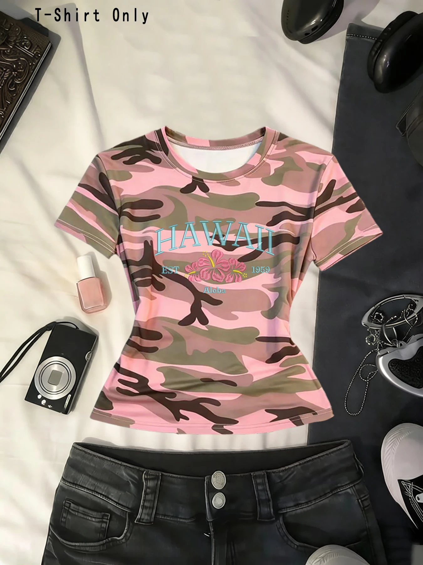 Retro camouflage Y2K gothic style casual round neck women's T-shirt, 2026 new short-sleeved top