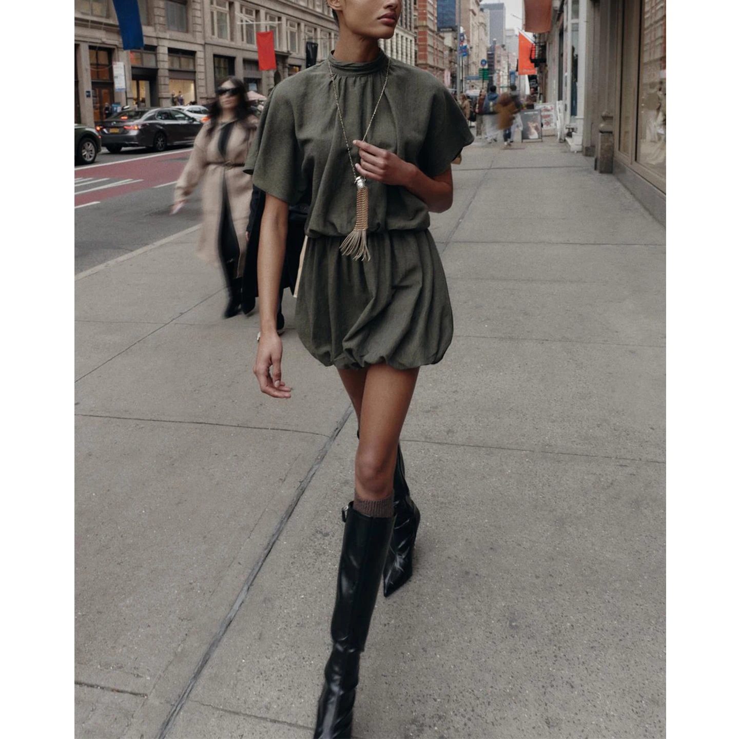 Vestido  Casual F de Inverno com Gola Alta, Manga Curta, Camadas em Camadas, Estilo de Vestido de Baile, Poliéster...