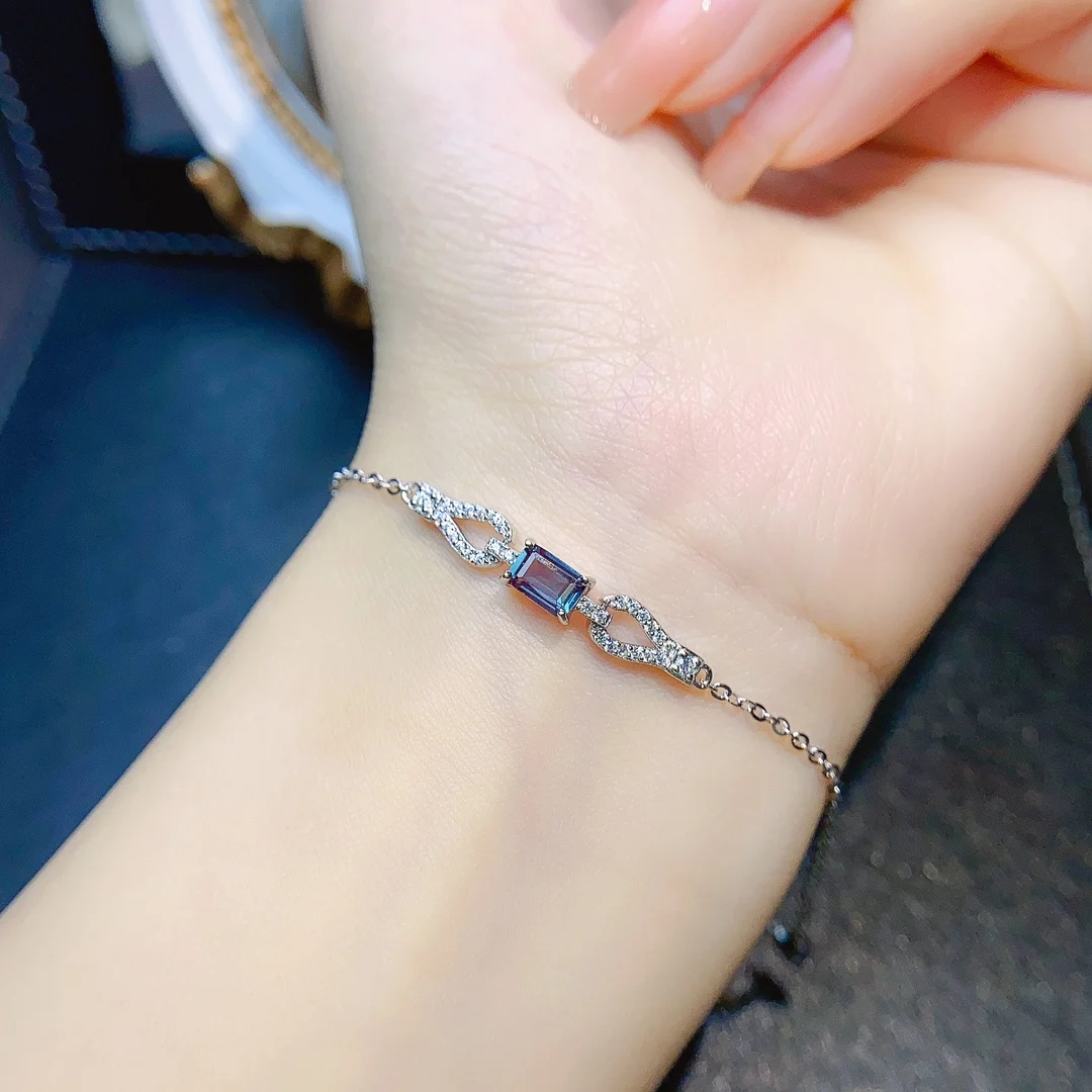 Vintage Silver Alexandrite Bracelet Emerald Cut Gemstone Sterling Silver Colors Changing Bracelet For Women Gift
