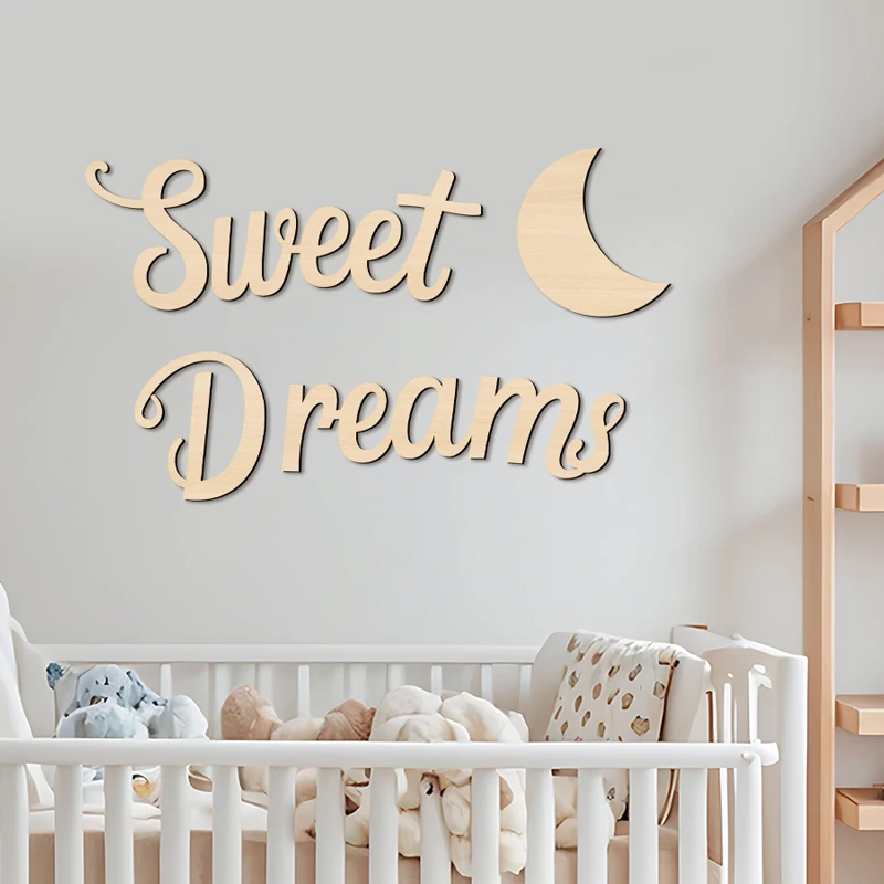 Sweet Dreams Wall Sign Wooden Wall Art Wall Stickers Wooden Moon Sign Craft for Bedroom Above Bed Display Room Wall Decoration