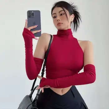 Y2K 時尚高領吊帶夏季沙灘純色露臍背心 6 最佳銷售 無袖露臍上衣 - №5