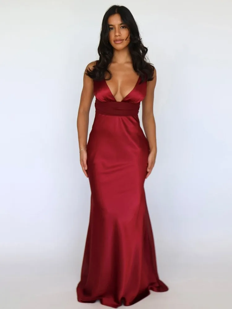 

Dresses For Woman Solid Color Vestidos Sexy Backless Long Evening Dress Elegant V-neck Robe Spaghetti Strap Vacation Temperament