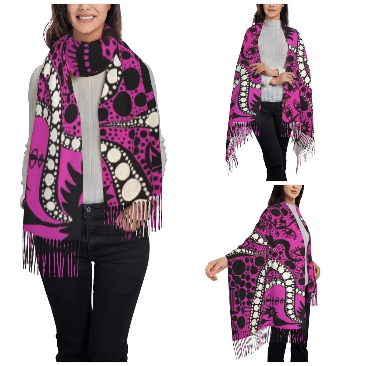 Yayoi Kusama Shawls Wraps for Womens Warm Single-sided Pattern Scarf Violet Polka Pashminas Tassel Scarves