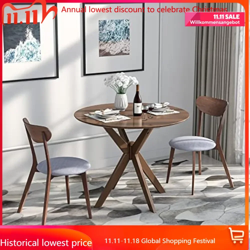 3-Piece Dining Table and Chair Set, Wooden Kitchen Table Set, Farmhouse Round Kitchen Table and 2 Cushioned Dinette Chai