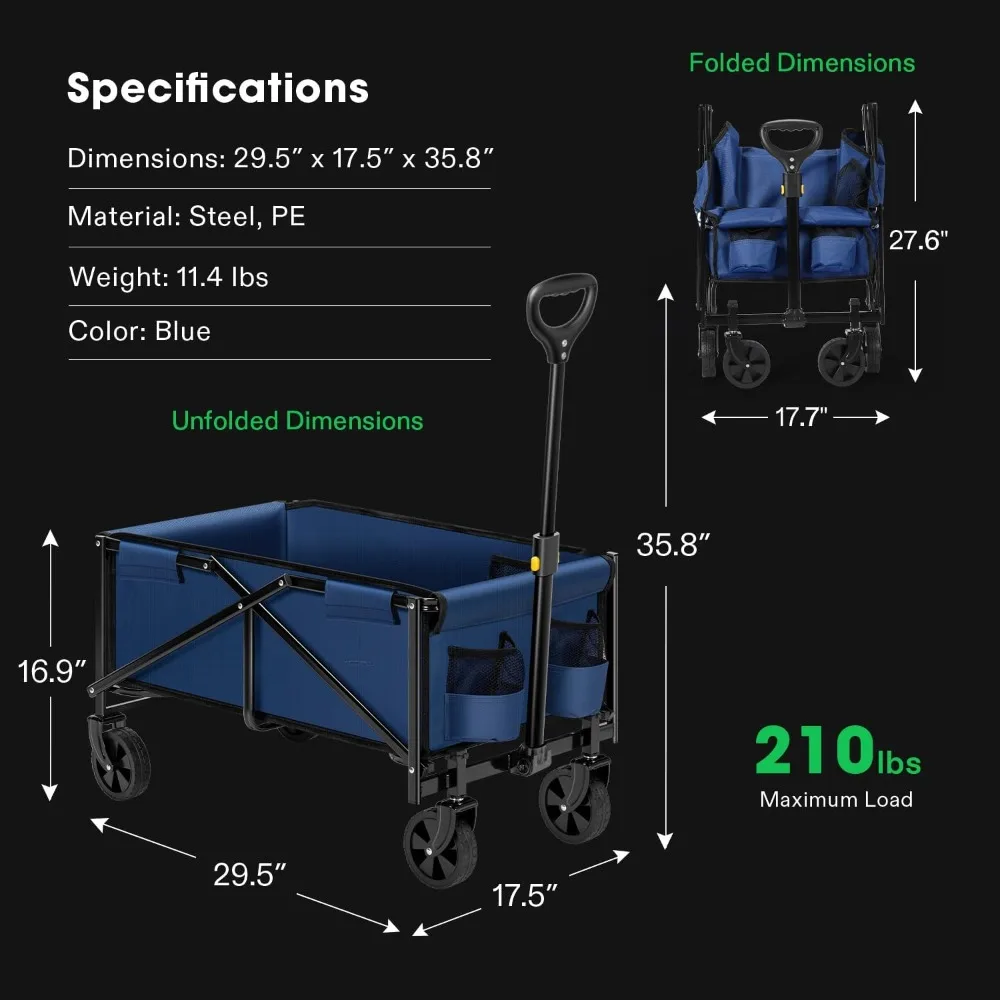 Collapsible Folding Wagon, Outdoor Utility with All-Terrain Wheels, Adjustable Handle, Cup Holders & Side Pockets, for Camping