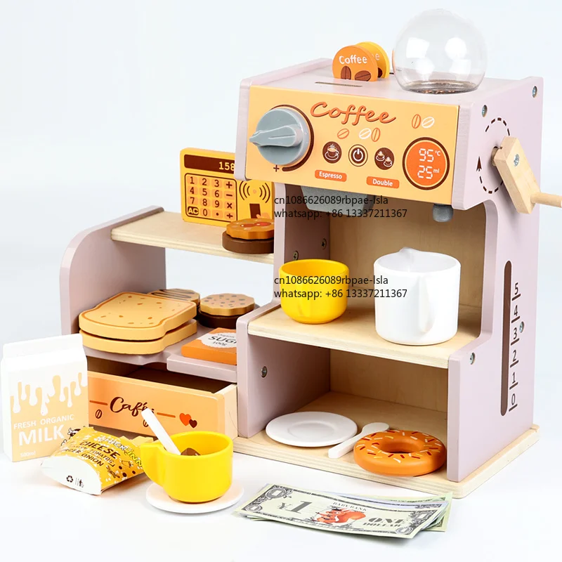 Custom Children's Wooden Simulation Role Play Coffee Shop Play Food Game Educational Pretend Kitchen Set Toys for Boys Girls