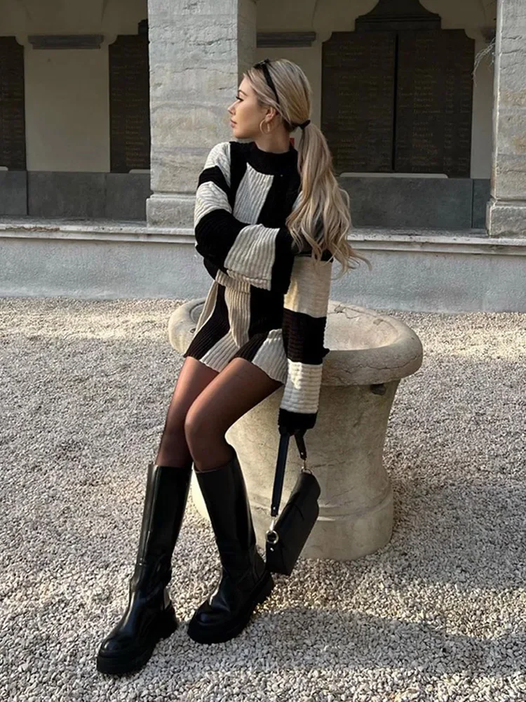 Fashion Stripes Contrast Knitted Mini Dress Elegant Round Neck Long Sleeve Short Dresses 2024 Autumn Lady Street Vestidos