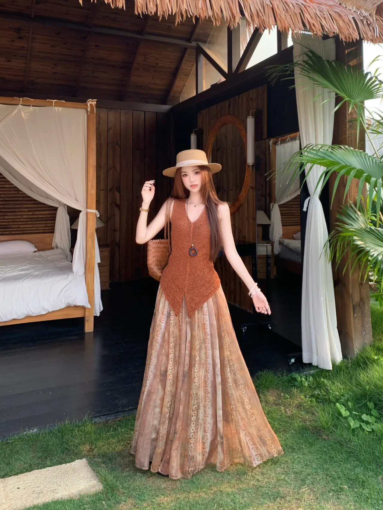 

Summer Fashionable Two-Piece Set Women's Vintage V-Neck Sleeveless Knitted Vest Floral Print Half-length Skirt Casual Wear