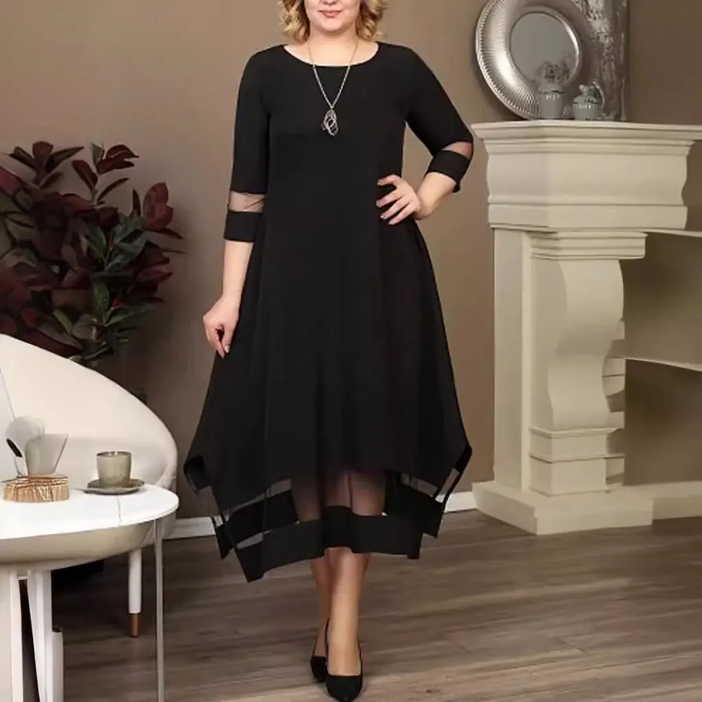 

Summer plus Size Women's Dress Black Stretch Knitted Mesh Stitching Midi European And American Style by