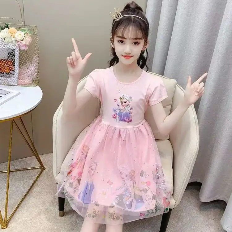 Vestido Infantil de Verão com Estampa de Desenho Animado Frozen, Vestido de Princesa Elsa para Meninas, Vestido de Festa Fofo de Manga Curta para Crianças de 3 a 9 Anos