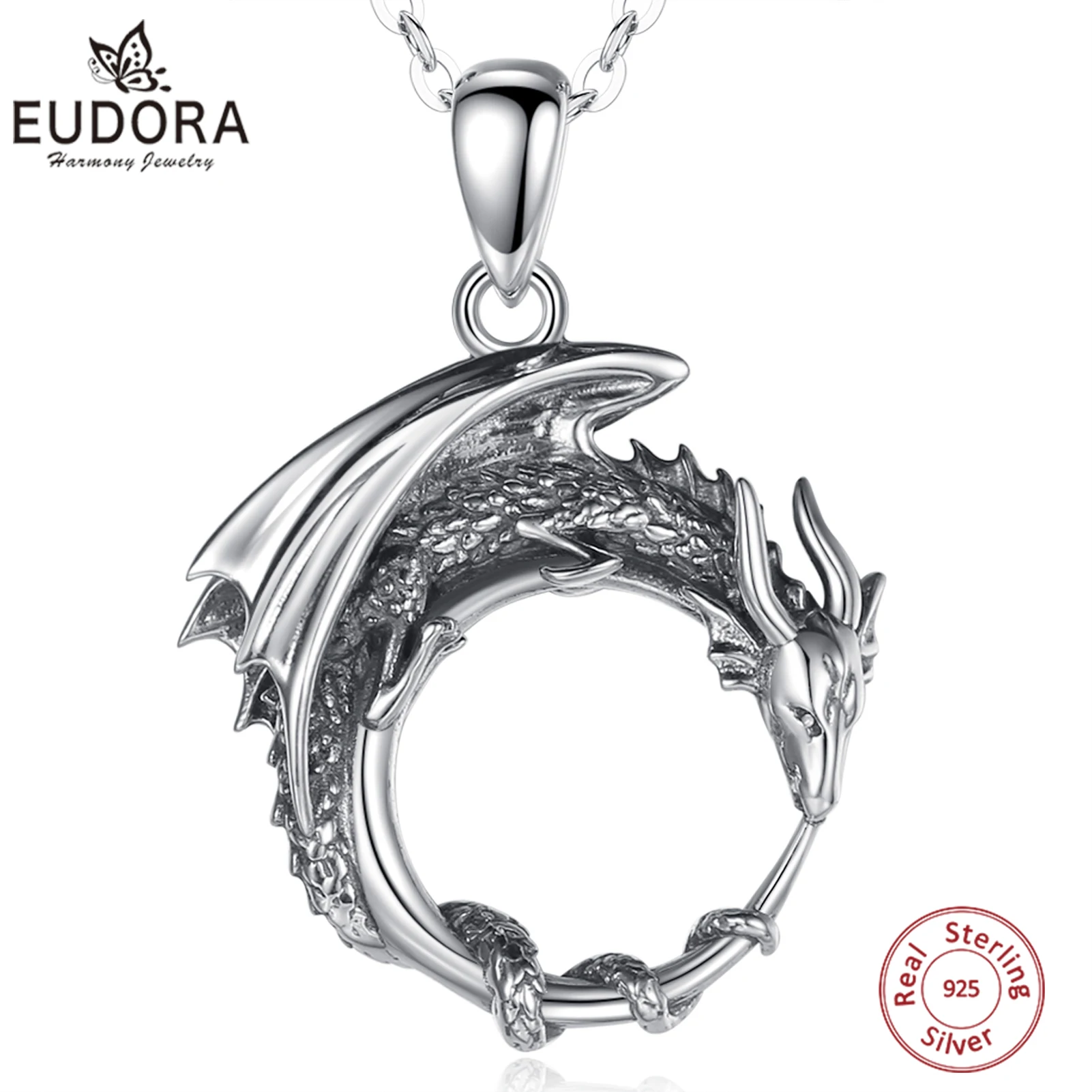 Eudora prawdziwe 925 Sterling Silver Cool Dragon Neckalce Temperament osobowość wisiorek w kształcie smoka biżuteria dla mężczyzna prezent Box 639