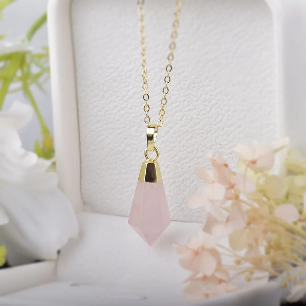 ITSMOS Natural Rose Quartz Prism Pendant Necklace Crystal Column Pink Love Facet Gemstone Necklace for Women Romantic Jewelry