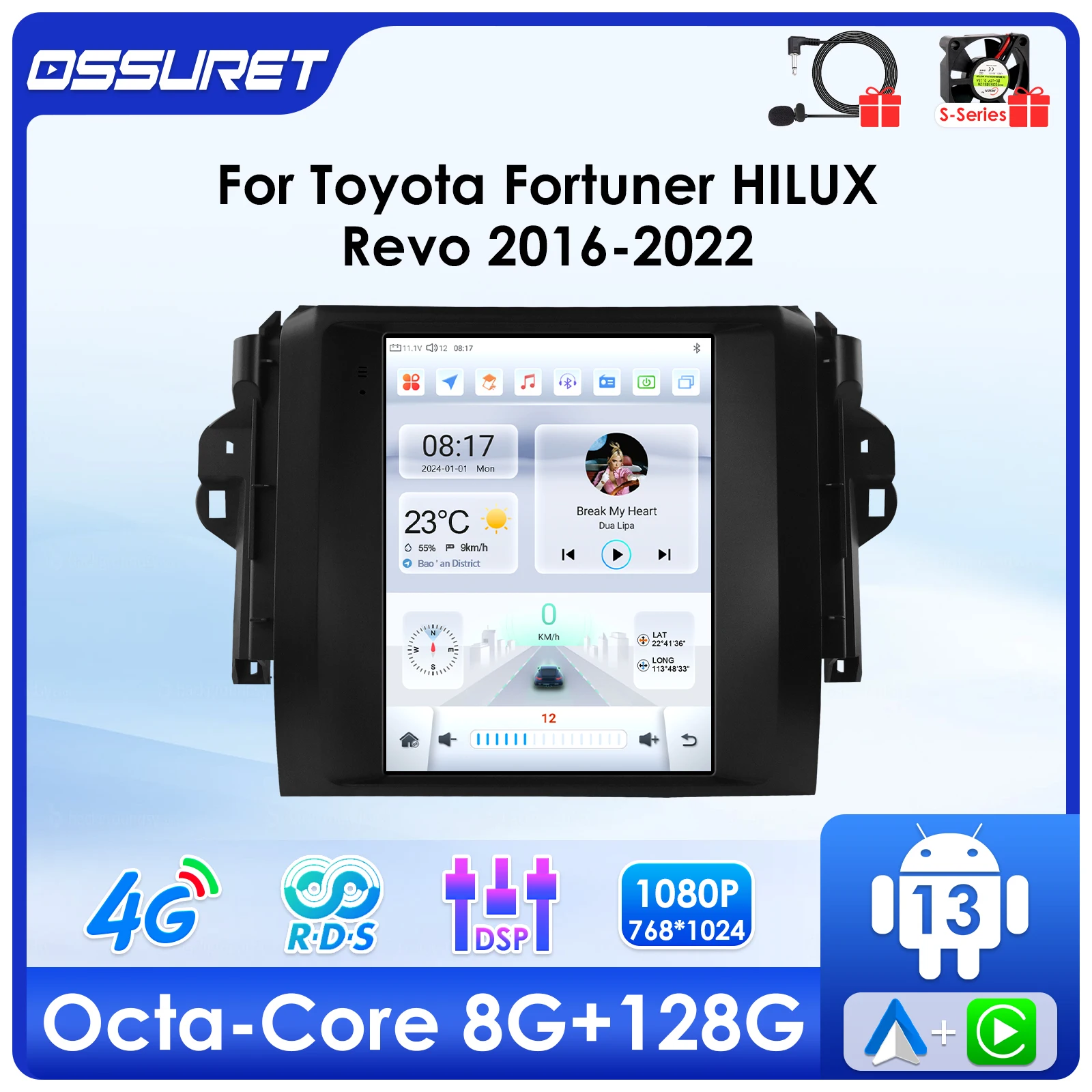 Radio mobil 9.7 inci Android 13, DSP Carplay untuk Toyota Fortuner Hilux Revo 2016-2022 Multimedia pemutar Video layar 4G 7862 Unit kepala