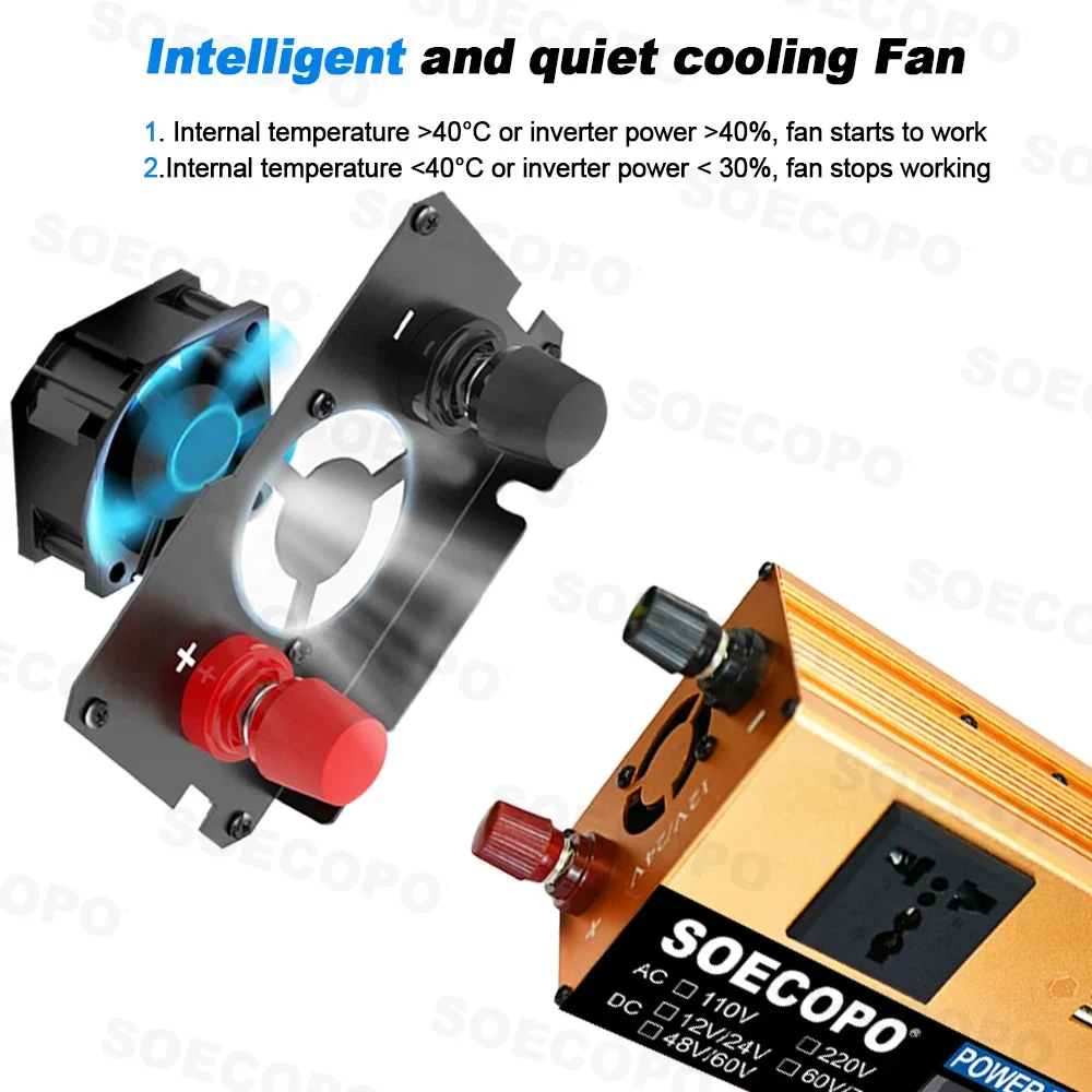 SOECOPO 10000 واط سيارة العاكس (2 منافذ USB 2 مآخذ) الجهد المزدوج DC12V/24 فولت 48 فولت/60 فولت 60 فولت/72 فولت إلى التيار المتناوب 220 فولت محول جهد كهربي التخييم RV