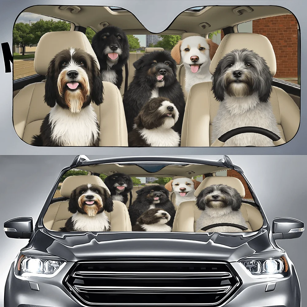 A Group Of Dogs In Car | Universally Applicable Polyamide Auto Sunshades, Front Window Sun Cover, Durable Visor For Car Decor An
