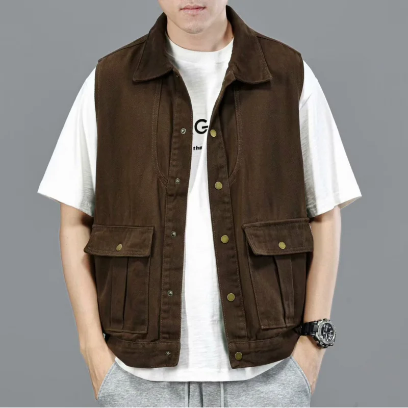 

Spring And Autumn New American Style Turn-Down Collar Sleeveless Multi-Pocket Vest Men'S Trendy Loose Retro Versatile Jack
