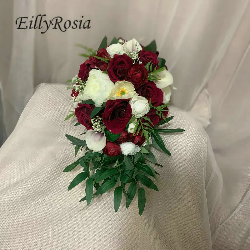 EillyRosia Merah Anggur Buket Pengantin Bunga Pernikahan Peony Air Mata Mengalir Buket Pernikahan untuk Pengantin Bunga Buatan