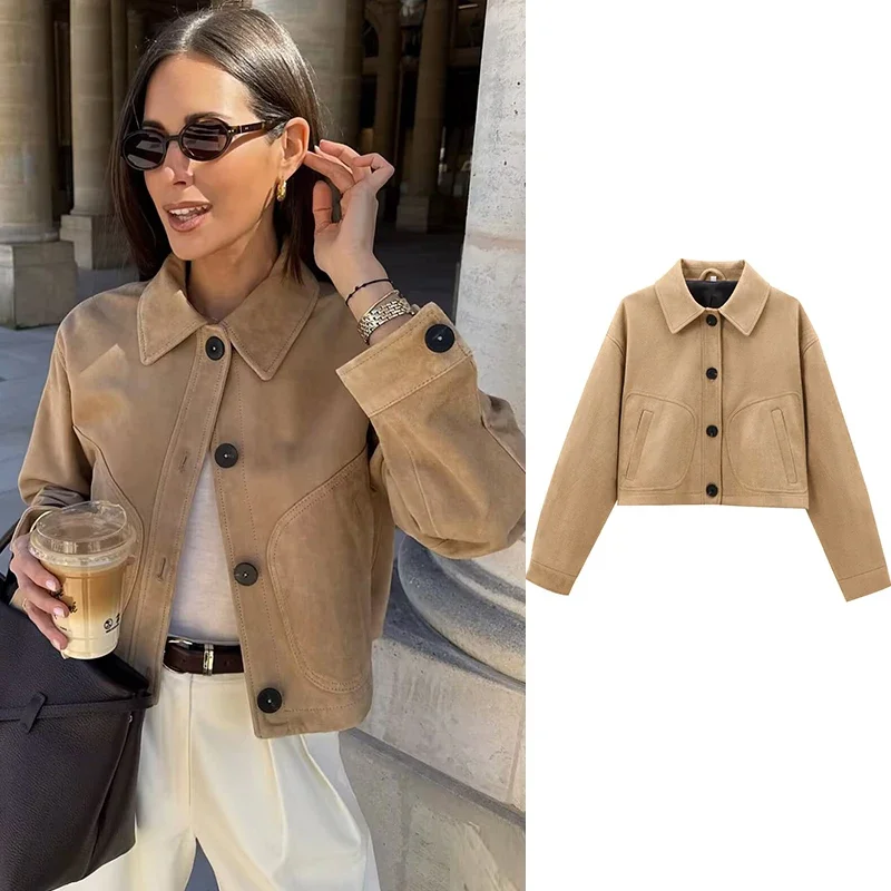 

Женская кожаная куртка с пуговицами, осенняя модная женская куртка с длинным рукавом и отложным воротником и карманами, модные женские пальто